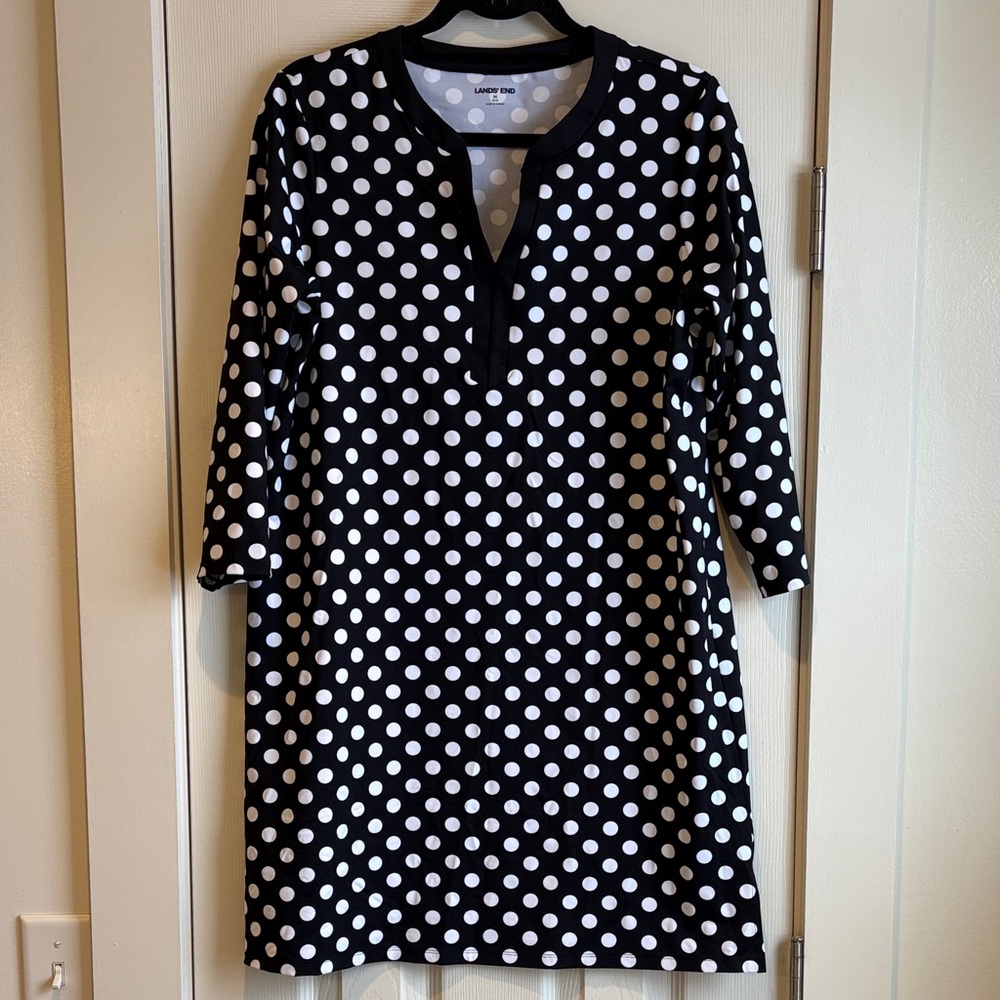 Lands’ End | Black & White Polka Dot Dotted Dress 3/4 Length Sleeves Size Medium